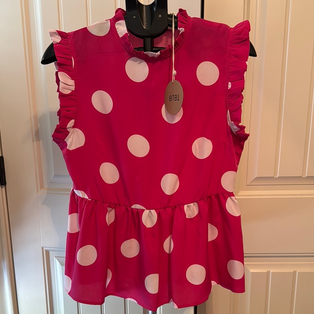 BiBi Fuchsia and White Polka Dot Ruffle Blouse